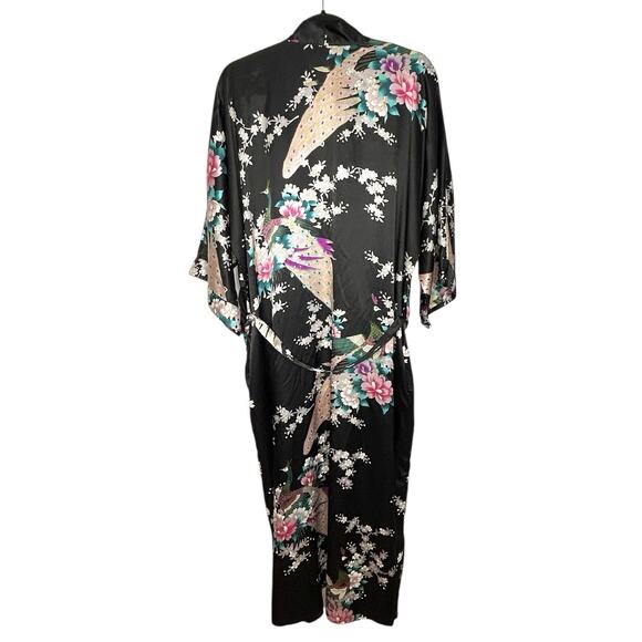 Kim + Ono Kimono Silky Maxi Robe Womens Floral Exotic Peacock Leisure Loungewear - Picture 1 of 16